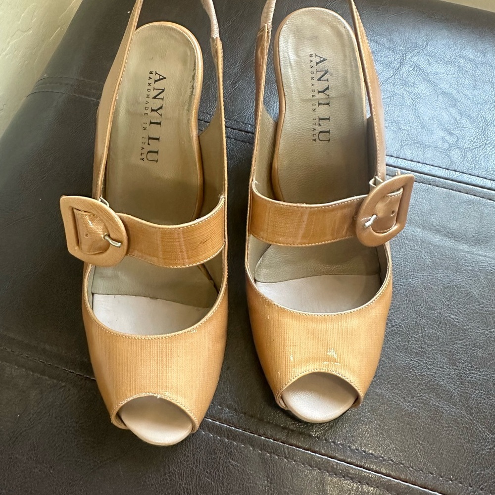 Anyi Lu Tan Slingback Heels with Buckle